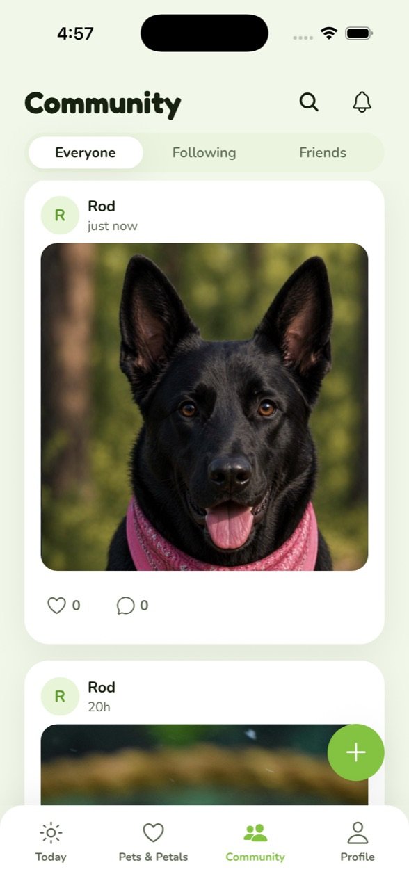 The PawBloom community feed with a post of a happy dog