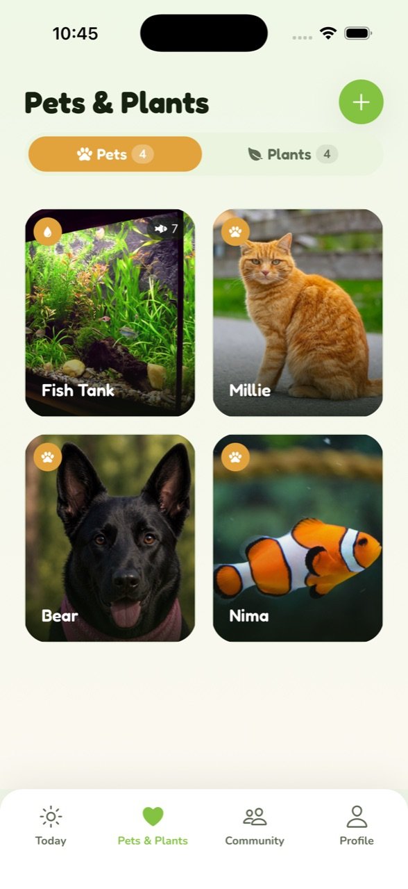 The Pets tab in PawBloom with a fish tank, cats, and a dog