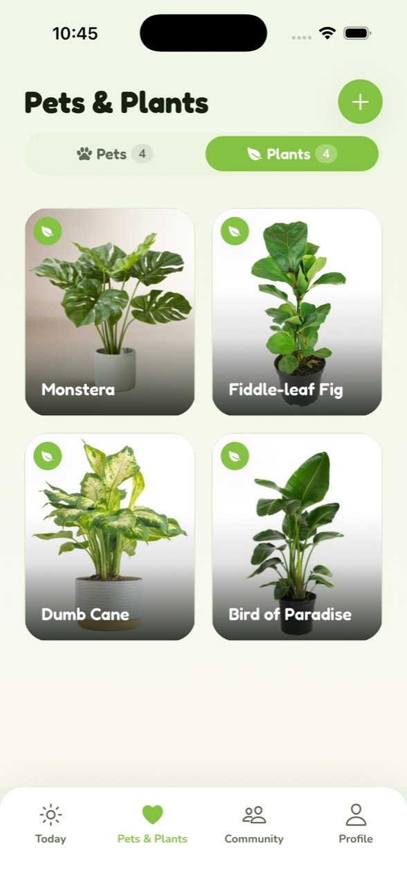 The Plants tab in PawBloom with a monstera, fiddle-leaf fig, and more