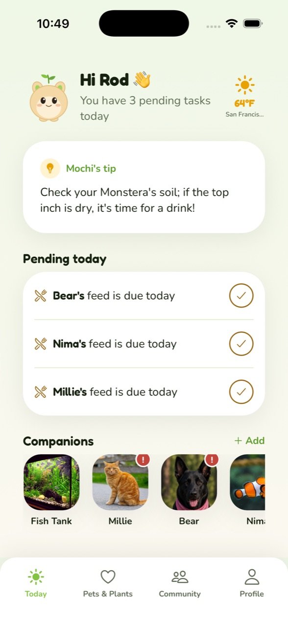 PawBloom Today screen with Mochi's tip and the day's pending care tasks
